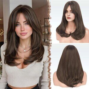 Wig‎ w Bangs Women Synthetic Natural Looking Long Layered Straight Hair Brown